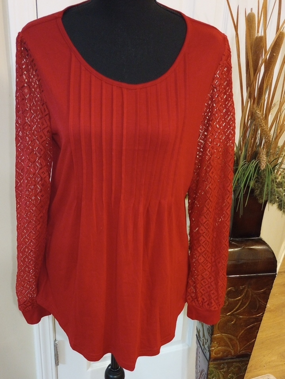 Women's Red Long-Sleeve Pintuck Top with Lace Sleeves